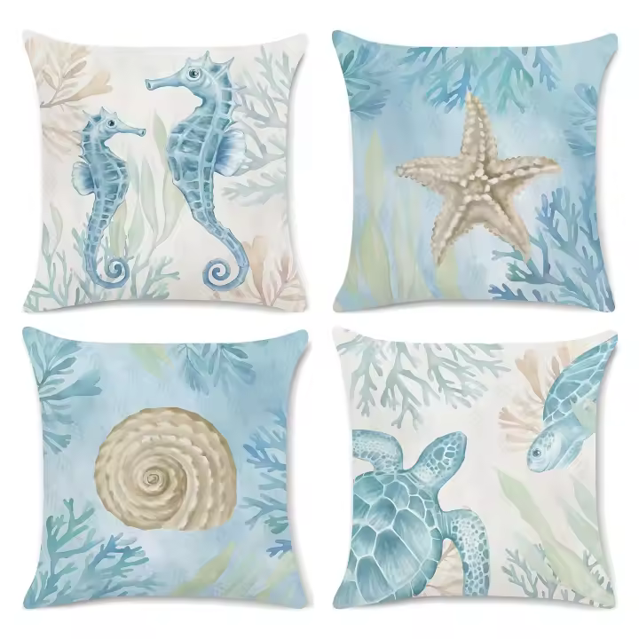 Fundas De Almohada De Playa De Océano, 18,0X18,0 pulgadas, Diseño De Tortuga Marina, Cojines Decorativos Para 4 Piezas - 1