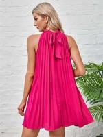 Mini Vestidos con lazo y cuello Halter para mujer, vestido plisado sin mangas con pliegues holgados de Color sólido a la moda - details 4
