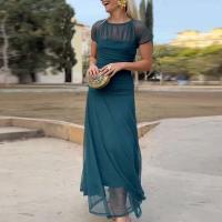 Elegante Vestido de Fiesta de Moda Manga Corta, Cuello O, Vestido Largo con Pliegues y Parches de Malla Ropa de Comodidad Casual para Mujeres - details 4