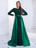 Vestido de Fiesta de Manga Larga y Brillante Cuello Redondo, Lentejuelas Elásticas, Alto hasta el Suelo Pañuelo de Moda para Mujeres con Negro y Verde Desmontable - details 1