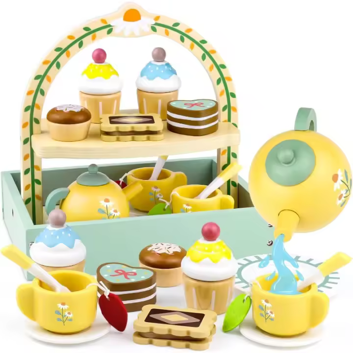 Juego de té de madera para niñas de 1 a 3 años, juguetes con pastel de comida para niños pequeños de 3 a 5 años, accesorios de cocina para juego con princesas para niñas y niños de 2 3 4 5 6 años, regalos de cumpleaños para fiestas - 1