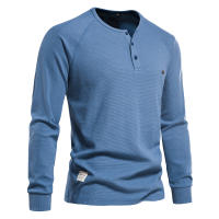 Camiseta de manga larga con cuello Henry para hombre, camisa de manga larga con diseño de gofres, color sólido, para otoño e invierno, talla europea - details 2
