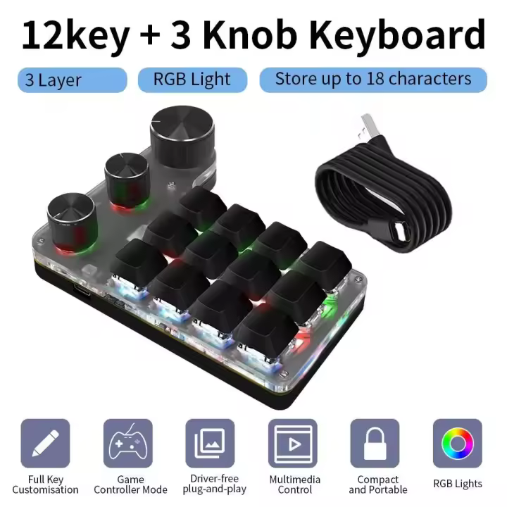 Programación Ro Teclado personalizado 12 3 perillas RGB 18 caracteres Una tecla Contraseña Copiar Pegar Nical Hotswap Teclado - 1
