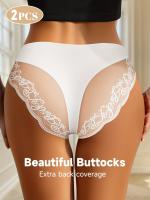 2 piezas de bragas de cintura media de encaje en contraste para mujer, bragas ligeras transpirables sin costuras, detalle de monograma sexy, ribete de encaje de moda primavera/verano, tejidos suaves - details 10