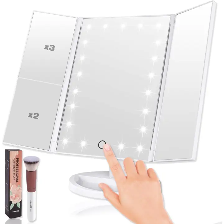 Maquillaje con luz LED Aumento 1X/2X/3X, 22 luces ajustables, pantalla táctil, plegable, 180 °   Espejo cosmético de rotación para - 1