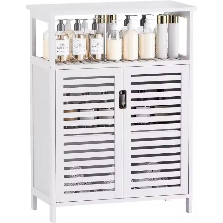 Armario de baño, organizador de almacenamiento lateral de bambú con puertas de doble persiana y estantes, armario de suelo independiente para salón, cocina, entrada - 1