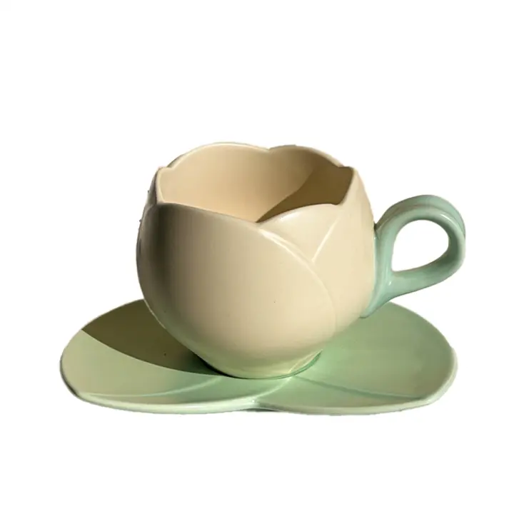 Taza de café de cerámica con forma de flor, vaso de tulipán de 300ml, platillo de Taza de cerámica para beber, C - 1