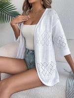 Cárdigan de punto con huecos de diamantes para mujer, Tops informales a prueba de sol, Color sólido, vacaciones de verano - details 3