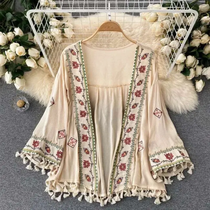 Camisa de verano para mujer, cárdigan de gasa con borlas bordadas de estilo bohemio de vacaciones, Tops cortos ajustados con cintura nueva para mujer E015 - 1
