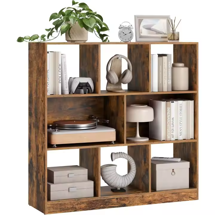 Estantería de Libros de Estilo Rústico Marrón 8 Compartimentos Abiertos, Utilizable Horizontalmente, Lateralmente o Boca Abajo, 30 x 97, 100 cm Ideal para Sala de Estar, Oficina - 1