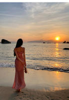 Vestido de tirantes de punto francés rosa de vacaciones con un temperamento delgado y lujoso, vestido de noche de fiesta anual, verano para mujer - details 10
