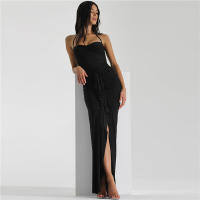 BUNO-vestido con volantes y borlas para mujer, prenda con cuello Halter, Espalda descubierta, abertura abierta, fruncido, cadera de melocotón, ceñido al cuerpo, boda, fiesta de noche - details 5