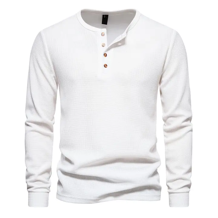 Camiseta de manga larga Henley para hombre, camisa básica transpirable con botones, informal, Color sólido, otoño - 1