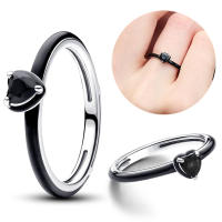 Anillo de plata de ley 925 con incrustaciones de diamantes negros, anillo de boda apilable en forma de corazón para mujer, anillo de boda de plata esterlina - details 0