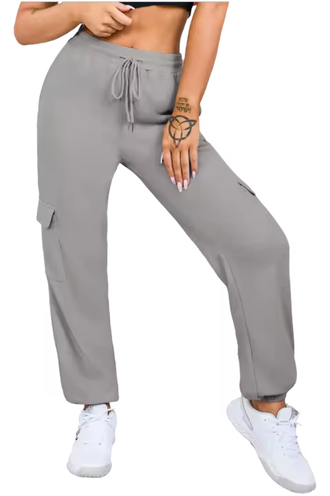 Elrachen Pantalones deportivos con bolsillo tipo cargo y textura de gofre para mujer, gris, tallas S-2XL - 1