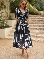 Vestido de verano de estilo callejero para mujer, traje elegante y Sexy con cuello en V, estampado de flores, mangas farol, largo, 2024 - details 14