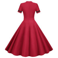 Solid women summer elegant short sleeve stand collar vintage a-line midi long party dress - details 12