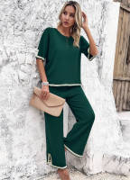 Conjuntos de punto de verano para mujer, trajes de 2 piezas, Tops de manga corta con pantalones, Verde S - details 3