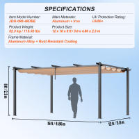 VEVOR pérgola retráctil para exteriores, pérgola de aluminio con toldo retráctil, pérgola moderna con toldo para sombra - details 7