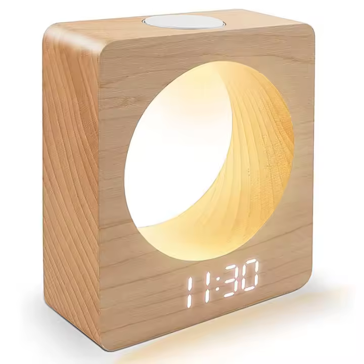 Reloj despertador LED digital de madera hecha de madera maciza con luz nocturna 3 configuraciones de alarma Detección de temperatura para dormitorio - 1