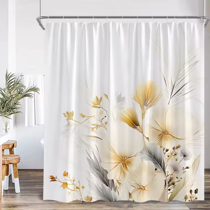 Cortina de Ducha Boho Moderna Diseño de Hoja Verde y Flor Rosa Polyester para Todas las Temporadas - 1