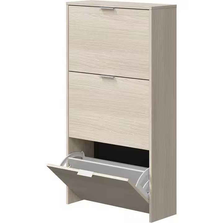 3 Puertas, Zapatero Estrecho, Acabado en Color Blanco Brillo y Roble Canadiense, Medidas: 60 cm (Largo) x 113 cm (Alto) x 22 cm (Fondo) - 1