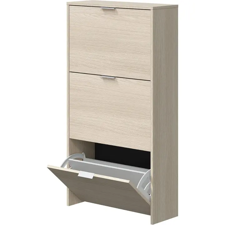 3 Puertas, Zapatero Estrecho, Acabado en Color Blanco Brillo y Roble Canadiense, Medidas: 60 cm (Largo) x 113 cm (Alto) x 22 cm (Fondo) - 1