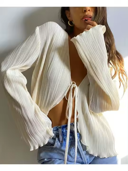Camisas Plisadas Chic de Largo Cuello en V Manga Larga Perfecta para Fiesta Casual Moda de Calle - 1