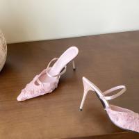 Nuevo temperamento puntiagudo rosa bolsa cabeza media zapatillas mujer malla encaje stiletto tacones altos - details 29