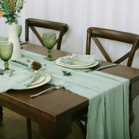 Servilletas de boda de algodón de gasa, 10 Uds., 32x32cm, reutilizables, con adorno verde, toalla de té, servilletas rústicas Retro con rebabas para decoración de mesa de fiesta - details 1