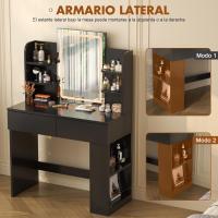 Tocador de Maquillaje con Luces LED, Brillo Ajustable, Mesa de Maquillaje con Espejo, con 2 Cajones Grandes y 4 Estantes Abiertos y Taquilla Lateral, Moderno, 90x40x135cm, Blanco - details 11