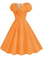 Elegant vintage dot print women summer puff short sleeve v neck casual a-line midi party dress - details 2