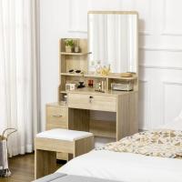 Juego de tocador de mesa de maquillaje con taburete acolchado grande, espejo + varios estantes abiertos + 4 cajones de madera natural - details 0