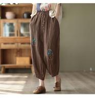 Pantalones bombachos bordados de lino y algodón para mujer, pantalones de pierna ancha con cordón de talla grande, cintura elástica, ajuste suelto informal, primavera y verano, 3xl, 2xl - details 4