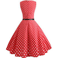 Dot print women hepburn 50s 60s swing vintage a-line party dresses with belt - details 3