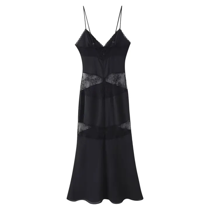 Ropa de mujer europea y americana temperamento ajustado con cuello en V empalme de encaje vestido de tirantes sin espalda - 1