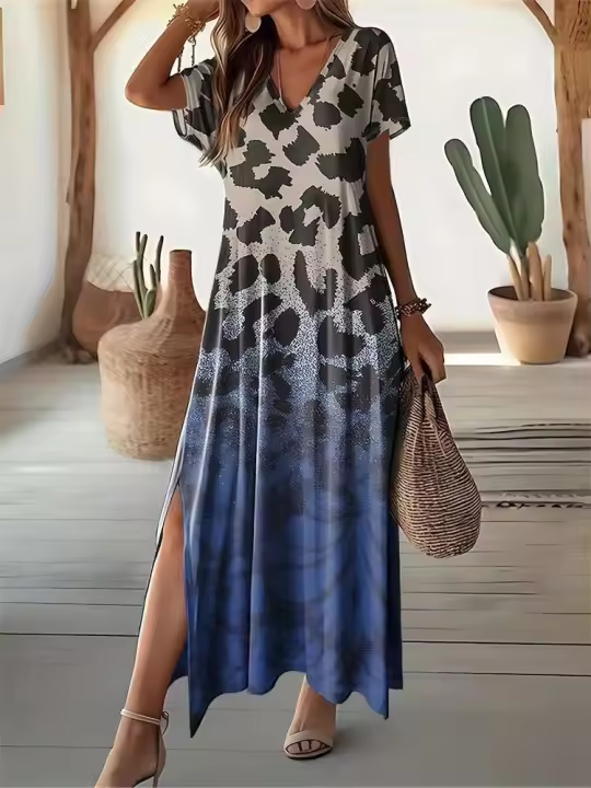 Vestido largo elegante combinado con abanico geométrico de moda 2025 con cuello en V para mujer de talla grande - 1