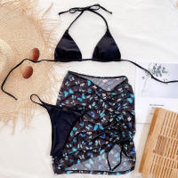 Bañador con estampado blanco para mujer, conjunto de Bikini de 3 piezas, microbikini triangular con cordón, traje de baño Halter de cintura baja, novedad de 2021 - details 11