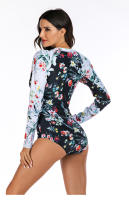 Traje de baño de una pieza con estampado floral de manga larga, traje de buceo con cierre frontal con cremallera y cuello alto - details 5