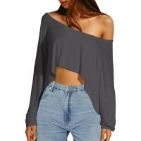 BUNO-Tops informales de punto liso con hombros descubiertos, camisetas de otoño de manga larga con cuello oblicuo conciso para mujer, camisetas deportivas irregulares - details 12