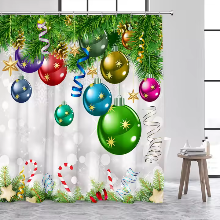 Cortina de Ducha Navideña Bolas Rojas Xmas, Ramas de Pino Verdes, Tela de Poliéster para Todas las Estaciones Decoración de Pared para el Hogar con Ganchos - 1