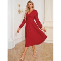 Vestido de manga larga con cuello en V para mujer, vestido elegante de corte A, color sólido, estético, nuevo en oferta - details 6