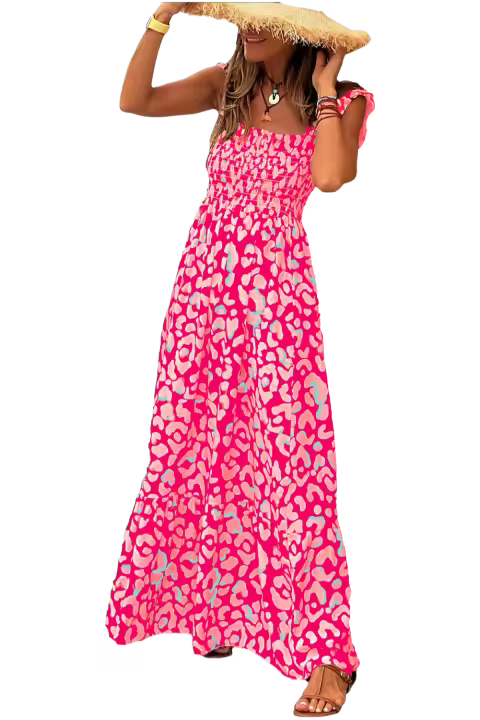 Elrachen Vestido largo de cintura alta con tirantes y volantes de leopardo para mujer, rosa, tallas S-XL - 1