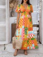 2025 Primavera / Verano Casual Bomisia Vacaciones Estilo Estampado Contraste Color Cuello en V Cintura alta Vestido de manga corta - details 4