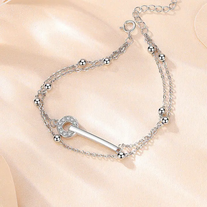 Pulsera de hebilla de doble capa con incrustaciones de diamantes de una palabra de estilo coreano para mujer, nueva joyería de plata pura Simple - 1
