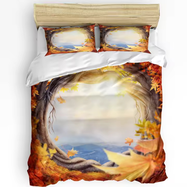 Juego de Ropa de Cama con Diseño de Lápiz Maple Dots para Niños y Adolescentes Funda de Edredón y 3 Sopladores de Cama Arte de Otoño Impreso - 1
