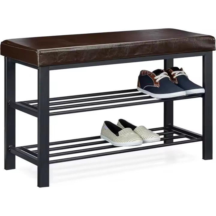 Banco Zapatero, Recibidor, Entrada, Vestidor, 6-8 Pares, Metal-Cuero Sintético, 2 Pisos, 49x81x31 cm, Blanco - 1
