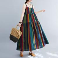 Vestido de Lino de Algodón a Rayas de Color Bloque Falda A-Línea de Moda de Verano con Cintura Suelta y sin Correas Vestido Largo Artístico para Mujeres - details 1