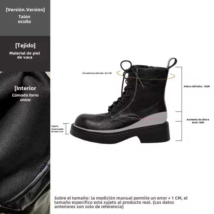 Botas cortas británicas retro con cordones que aumentan la altura interior pequeña de piel de vaca botas de caballero para mujer - 1