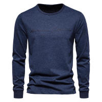 Camisa deportiva informal de Color sólido para hombre, cuello redondo, algodón puro, estampado de letras, camisa ttom de manga larga - details 1